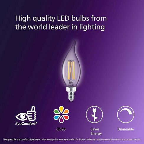 فيليبس LED 75 وات BA11 3 عبوات فائقة الوضوح باللون الأبيض الناعم (2700 ك) 700 لومن (6.6 وات = 75 وات) لمبات إضاءة شمعدان شفافة خالية من الوميض تناسب مقابس E26 أو E12 in Kuwait