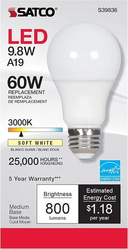 Satco S39836/06 9.8-Watt LED E26 Light Bulbs, 3000K, 25000 Hour Rating, Dimmable, 1 Count (Pack of 6) in Saudi Arabia