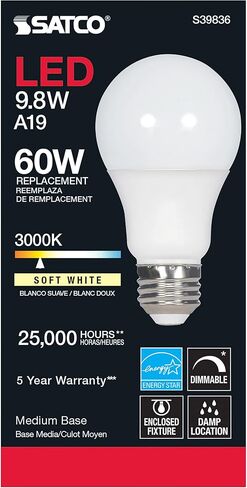 Satco S39836/06 9.8-Watt LED E26 Light Bulbs, 3000K, 25000 Hour Rating, Dimmable, 1 Count (Pack of 6) in Saudi Arabia