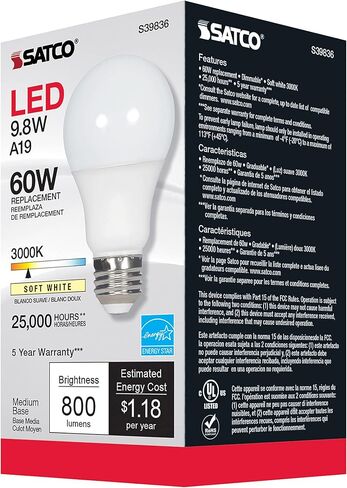 Satco S39836/06 9.8-Watt LED E26 Light Bulbs, 3000K, 25000 Hour Rating, Dimmable, 1 Count (Pack of 6) in Saudi Arabia