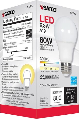 Satco S39836/06 9.8-Watt LED E26 Light Bulbs, 3000K, 25000 Hour Rating, Dimmable, 1 Count (Pack of 6) in Saudi Arabia