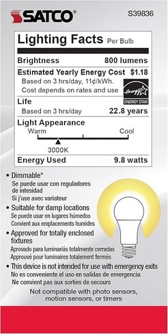 Satco S39836/06 9.8-Watt LED E26 Light Bulbs, 3000K, 25000 Hour Rating, Dimmable, 1 Count (Pack of 6) in Saudi Arabia