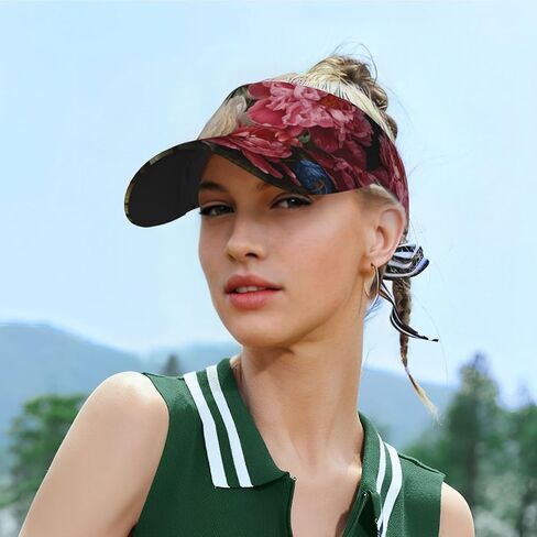 Garden Peony Print Sports Sun Visor Hats Adjustable Running Golf Tennis Sun Cap for Women Men Black in Saudi Arabia