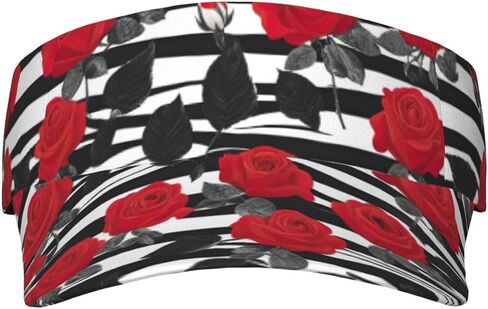 Black White Stripes Red Rose Flowers Print Sports Sun Visor Hats Adjustable Running Golf Tennis Sun Cap for Women Men in Saudi Arabia