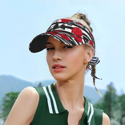Black White Stripes Red Rose Flowers Print Sports Sun Visor Hats Adjustable Running Golf Tennis Sun Cap for Women Men in Saudi Arabia