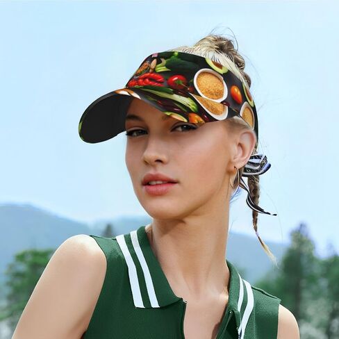 Healthy Food Print Sports Sun Visor Hats Adjustable Running Golf Tennis Sun Cap for Women Men Black in Saudi Arabia