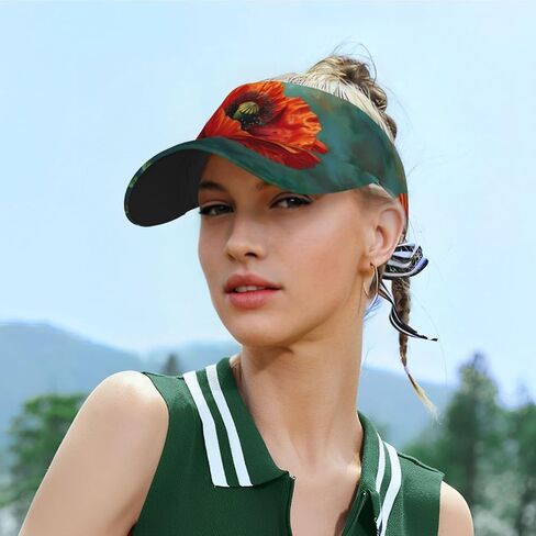 Poppy Flower Print Sports Sun Visor Hats Adjustable Running Golf Tennis Sun Cap for Women Men Black in Saudi Arabia