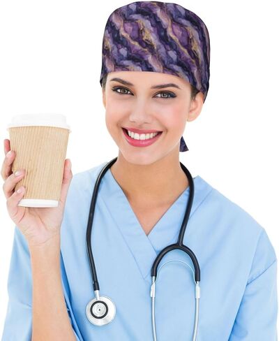 Purple Gold Marble Pattern D Print Scrub Caps Women Men, Nurse Cap Surgical Caps Scrub Hats for Women Men, Adjustable Working Cap with Sweatband in Kuwait