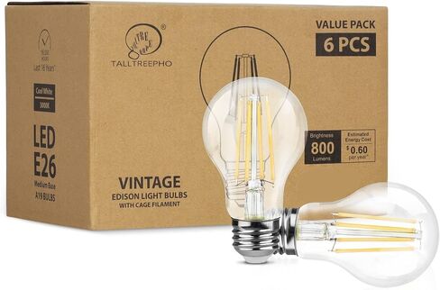 A19 LED Edison Bulbs 60W Equivalent, Energy Saving 800 Lumen Soft White E26 8W Non-Dimmable Clear 3000 Kelvin Natural Warm LED Light Bulbs, Antique House Lights, 6Pack in Saudi Arabia