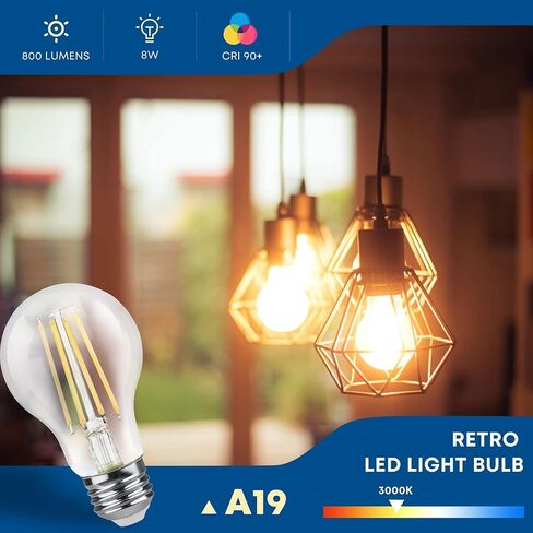 A19 LED Edison Bulbs 60W Equivalent, Energy Saving 800 Lumen Soft White E26 8W Non-Dimmable Clear 3000 Kelvin Natural Warm LED Light Bulbs, Antique House Lights, 6Pack in Saudi Arabia