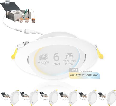 NUWATT 6 بوصة Gimbal LED أضواء ويفر مجوفة، 5CCT 2700K/3000K/3500K/4000K/5000K، قابلة للتعتيم، 1050LM، 12W، إضاءة سفلية LED بزاوية رفيعة للغاية، ETL، 6 عبوات in Kuwait