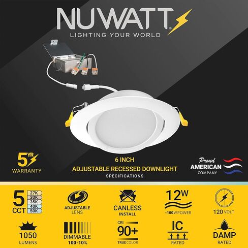 NUWATT 6 بوصة Gimbal LED أضواء ويفر مجوفة، 5CCT 2700K/3000K/3500K/4000K/5000K، قابلة للتعتيم، 1050LM، 12W، إضاءة سفلية LED بزاوية رفيعة للغاية، ETL، 6 عبوات in Kuwait