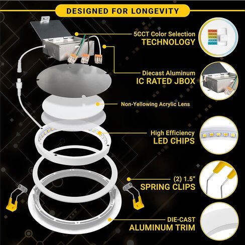 NUWATT 6 بوصة Gimbal LED أضواء ويفر مجوفة، 5CCT 2700K/3000K/3500K/4000K/5000K، قابلة للتعتيم، 1050LM، 12W، إضاءة سفلية LED بزاوية رفيعة للغاية، ETL، 6 عبوات in Kuwait