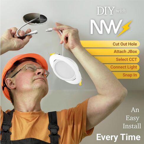 NUWATT 6 بوصة Gimbal LED أضواء ويفر مجوفة، 5CCT 2700K/3000K/3500K/4000K/5000K، قابلة للتعتيم، 1050LM، 12W، إضاءة سفلية LED بزاوية رفيعة للغاية، ETL، 6 عبوات in Kuwait