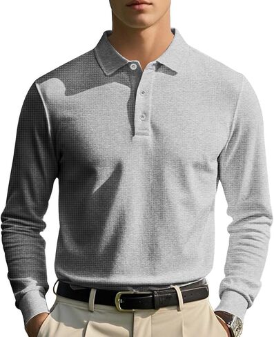Men's Basic Polo Shirt Long Sleeve Button Down Solid Color Waffle Golf T-Shirt Summer Fall Black Lightweight Trendy Casual Regular Fit Vacation Work Tops Pullover S in Saudi Arabia