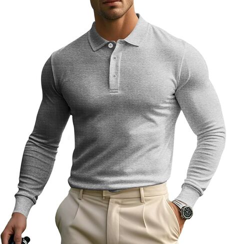 Men's Basic Polo Shirt Long Sleeve Button Down Solid Color Waffle Golf T-Shirt Summer Fall Black Lightweight Trendy Casual Regular Fit Vacation Work Tops Pullover S in Saudi Arabia