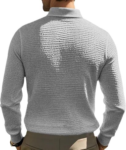 Men's Basic Polo Shirt Long Sleeve Button Down Solid Color Waffle Golf T-Shirt Summer Fall Black Lightweight Trendy Casual Regular Fit Vacation Work Tops Pullover S in Saudi Arabia