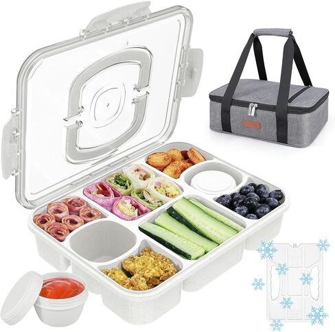 Large Snackle Box Container with 2 Sauce Cups, 8-Compartment Divided Serving Tray with Lid & Handle, Portable Snack Tray for Travel Picnic, Leak-Proof, Dishwasher Safe, BPA-Free in Saudi Arabia