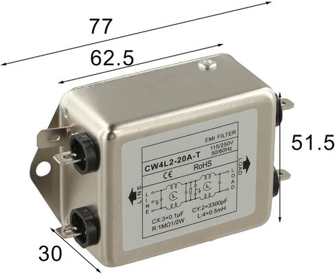 فلتر طاقة أحادي الطور، كاتم الضوضاء، خيارات 3A/6A/10A/20A، الجهد المقدر 115-250VAC، خط التردد 50-60 هرتز، المعدات الكهربائية الصناعية (CW4L2-20A-T) in Kuwait