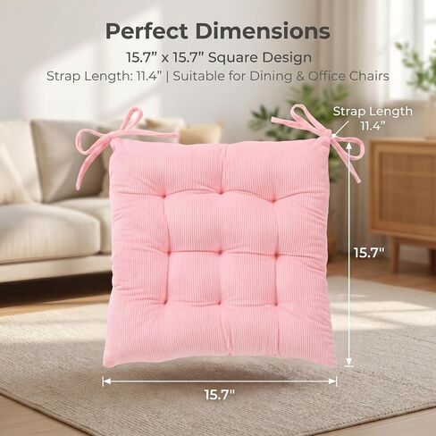 HLOVME Corduroy Chair Cushion with Ties Ultra Soft Warm Floor Cushion for Kids Reading Nook Comfortable Square Seat Cushion for Adult 15.7"x15.7", Pink in Kuwait