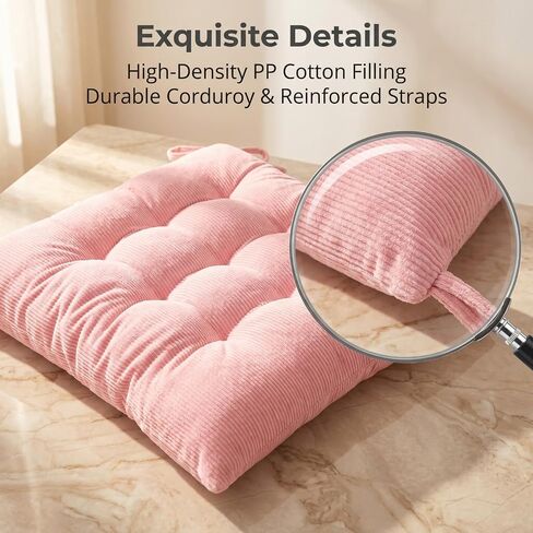 HLOVME Corduroy Chair Cushion with Ties Ultra Soft Warm Floor Cushion for Kids Reading Nook Comfortable Square Seat Cushion for Adult 15.7"x15.7", Pink in Kuwait