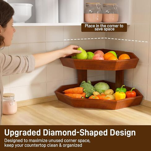 Wooden Fruit Basket for Kitchen Counter 2 Tier, Large Capacity Fruit Bowl for Corner, Space-Saving Fruit Stand Holder for Bread Fruit and Vegetable Storage Kitchen Countertop Organizer in Kuwait