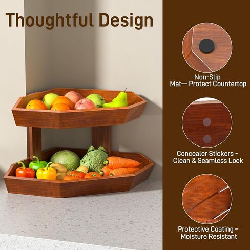 Wooden Fruit Basket for Kitchen Counter 2 Tier, Large Capacity Fruit Bowl for Corner, Space-Saving Fruit Stand Holder for Bread Fruit and Vegetable Storage Kitchen Countertop Organizer in Kuwait