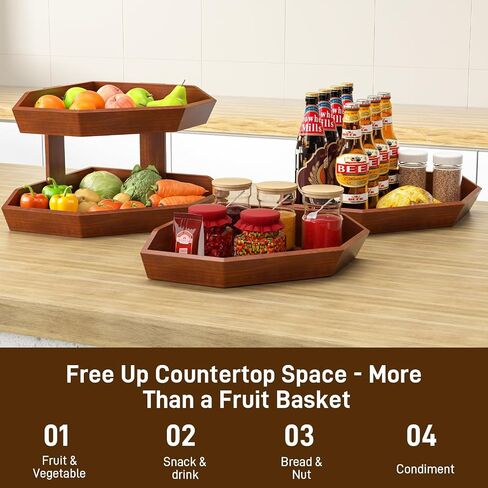 Wooden Fruit Basket for Kitchen Counter 2 Tier, Large Capacity Fruit Bowl for Corner, Space-Saving Fruit Stand Holder for Bread Fruit and Vegetable Storage Kitchen Countertop Organizer in Kuwait