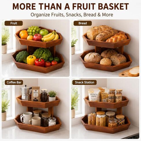 Wooden Fruit Basket for Kitchen Counter 2 Tier, Large Capacity Fruit Bowl for Corner, Space-Saving Fruit Stand Holder for Bread Fruit and Vegetable Storage Kitchen Countertop Organizer in Kuwait