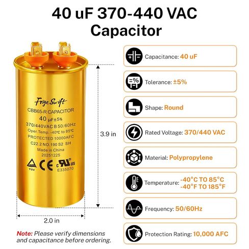 مكثف تشغيل مزدوج 40 فائق التوهج CBB65 370/440VAC 5 عبوات | ±5% مكثف دائري يناسب التيار المتردد والمضخة الحرارية والثلاجة والضاغط من أجل تشغيل مستقر وآمن in Kuwait