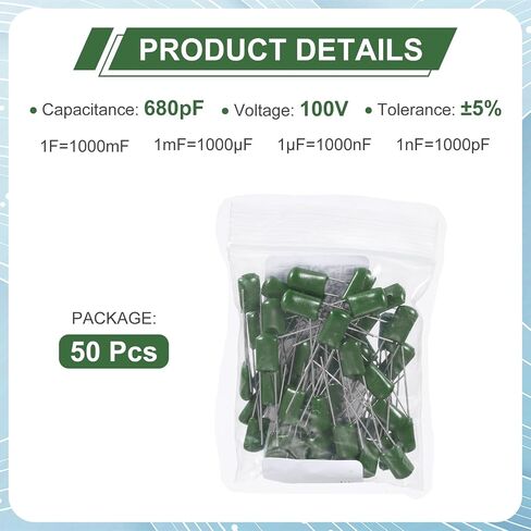 MECCANIXITY 50 قطعة من مكثف فيلم البولي بروبيلين المعدني، 680pF 100 فولت 5% مكثف فيلم بوليستر معدني، مجموعة متنوعة من المكونات الإلكترونية للأجهزة الكهربائية ذات الدائرة اليدوية، أخضر in Kuwait
