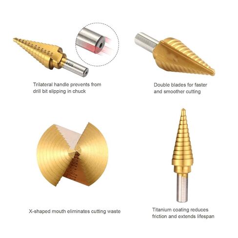 لقم الثقب المعدنية، مجموعة HSS Unibit (SAE)، مجموعة لقم الثقب ذات الخطوة للمعادن، لقمة الثقب Unibit الاحترافية، لقم الثقب ذات الخطوة Unibit، مجموعة لقم الثقب Unibit الصناعية 6 قطع من التيتانيوم مع علبة من الألومنيوم in Kuwait
