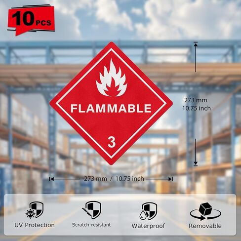 10 Pack Hazard Class 3 Flammable Liquids Placard 10.75" × 10.75" | DOT Hazmat Compliant, Vinyl, Self Adhesive, Strong Adhesion, Safety Stickers for Shipping Handling Storage Transportation in Kuwait