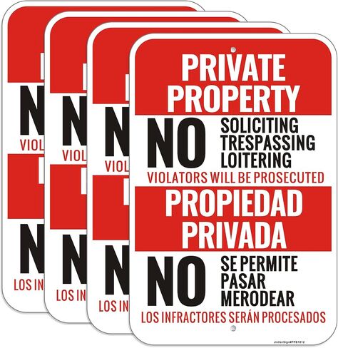 (4 Pack) Large Private Property No Soliciting No Trespassing No Loitering Sign English Spanish Bilingual, 18"x12" Engineer Grade Reflective Aluminum, Fade Resistant, UV Protected, Easy to Install in Kuwait