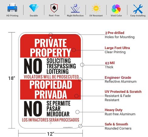 (4 Pack) Large Private Property No Soliciting No Trespassing No Loitering Sign English Spanish Bilingual, 18"x12" Engineer Grade Reflective Aluminum, Fade Resistant, UV Protected, Easy to Install in Kuwait