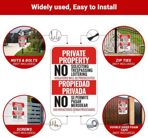 (4 Pack) Large Private Property No Soliciting No Trespassing No Loitering Sign English Spanish Bilingual, 18"x12" Engineer Grade Reflective Aluminum, Fade Resistant, UV Protected, Easy to Install in Kuwait