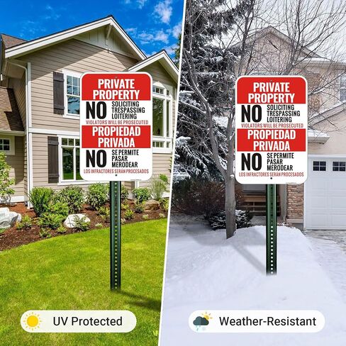 (4 Pack) Large Private Property No Soliciting No Trespassing No Loitering Sign English Spanish Bilingual, 18"x12" Engineer Grade Reflective Aluminum, Fade Resistant, UV Protected, Easy to Install in Kuwait
