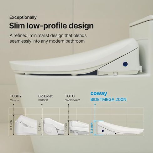 مقعد مرحاض بيديت إلكتروني من COWAY Bidetmega 200N *مطول* مع تسخين فوري للمياه، مقعد ساخن ومجفف، غطاء ناعم مغلق، فوهة من الفولاذ المقاوم للصدأ، ضوء ليلي، تنظيف ذاتي، جهاز تحكم عن بعد in Kuwait