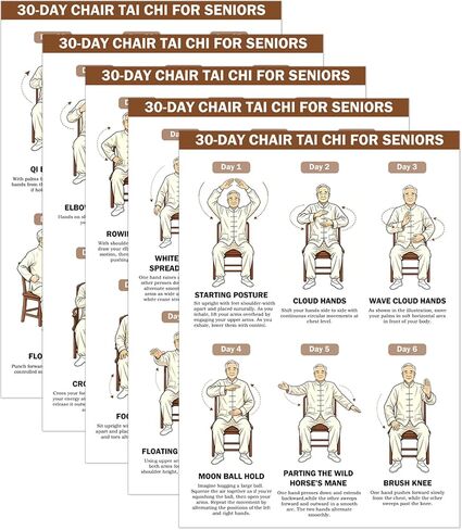 5pcs Printable Sitting Chair Tai Chi Yoga for Seniors， Workout Chart Poster Chair Yoga for Seniors Over 60 Workout Guide Printable Routine for Home Fitness Mobility & Balance Training in Kuwait