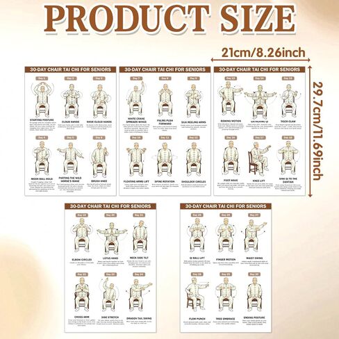 5pcs Printable Sitting Chair Tai Chi Yoga for Seniors， Workout Chart Poster Chair Yoga for Seniors Over 60 Workout Guide Printable Routine for Home Fitness Mobility & Balance Training in Kuwait