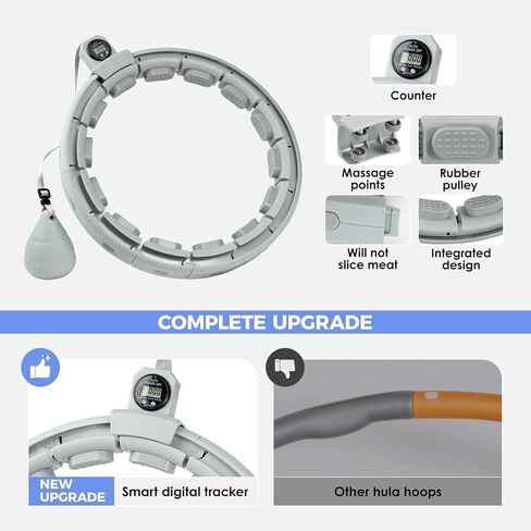 Smart Weighted Fitness Hoop with Digital Counter, 18 Removable Links Adjustable Infinity Exercise Hoop for Adults, 30-50 Inch Waist Circle Grey Workout Equipment for Weight Loss & Abdominal Training in Kuwait