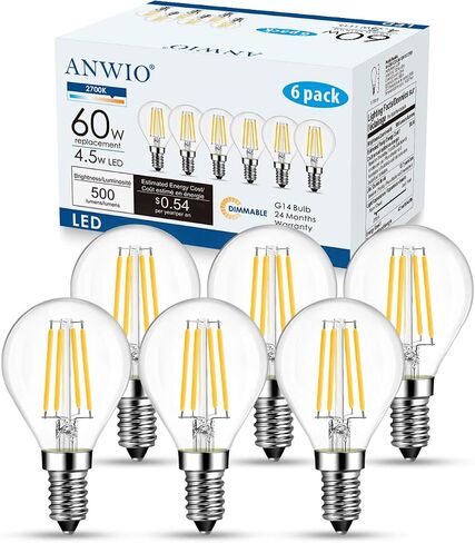 ANWIO Clear G14 LED لمبة إضاءة خيوط لمبة إضاءة دائرية صغيرة قابلة للتعتيم 4.5 وات (ما يعادل 60 وات) أبيض دافئ 2700K 500 لومن لمبة LED E12 قاعدة مصباح إضاءة ثريا إديسون لمبة إضاءة 6 عبوات in Kuwait