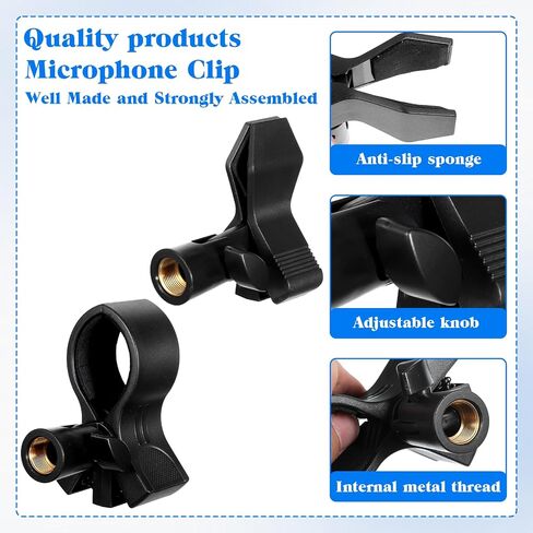 2 Pack Universal Microphone Holder for Mic Stand, Microphone Clip Adjustable Microphones Clamp for 0.6" to 2.4" Diameter (1.5-6cm) Includes 5/8", 3/8", 1/4" Metal Threads in Kuwait