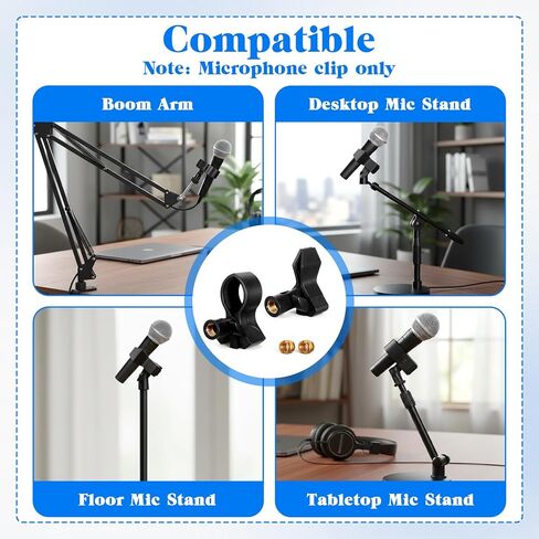 2 Pack Universal Microphone Holder for Mic Stand, Microphone Clip Adjustable Microphones Clamp for 0.6" to 2.4" Diameter (1.5-6cm) Includes 5/8", 3/8", 1/4" Metal Threads in Kuwait