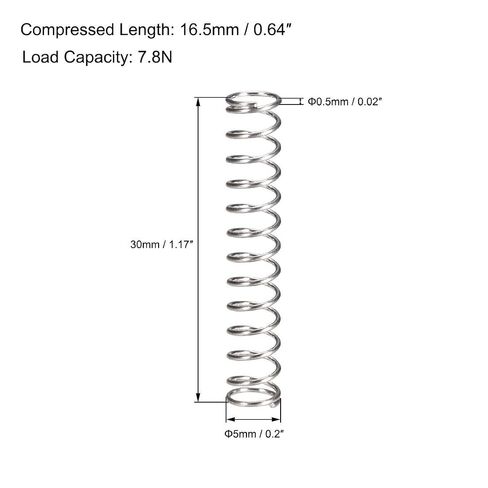 Compression Spring,304 Stainless Steel,5mm OD,0. Wire Size,16. Compressed Length,30mm Free,7.8N Load Capacity,Silver Tone,10pcs in Kuwait