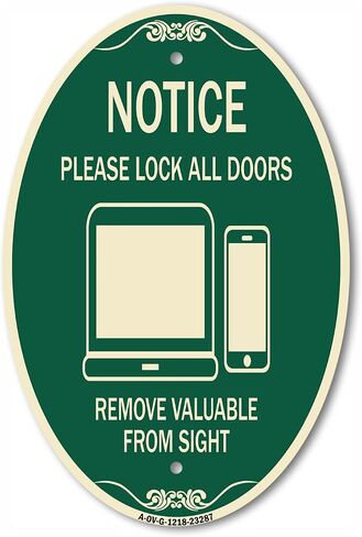 SignMission Designer Oval Series Sign - Please Lock All Doors Remove Valuables from Sight | Green & Tan 12" X 18" Heavy-Gauge Aluminum Architectural Sign | Commercial Grade | Made in The USA in Kuwait