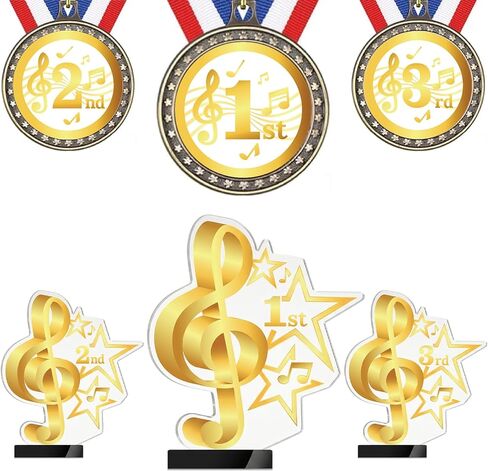 Thenshop 6 Pcs Music Trophy Award Set 1st 2nd 3rd Place Gold Treble Clef Trophies and Award Medals for Music Competition School Singing Contest Karaoke Night Graduation Presents in Kuwait