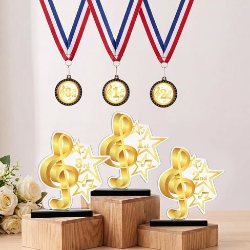 Thenshop 6 Pcs Music Trophy Award Set 1st 2nd 3rd Place Gold Treble Clef Trophies and Award Medals for Music Competition School Singing Contest Karaoke Night Graduation Presents in Kuwait
