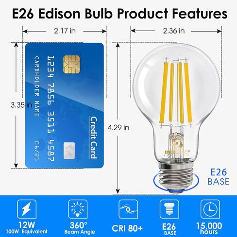لمبة إضاءة إديسون LED A19 قابلة للتعتيم نشطة، 12 وات تعادل 100 وات، سطوع عالٍ 1600 لومين، 3000 كلفن أبيض دافئ، لمبة خيوط LED عتيقة واضحة للمنزل والحمام، قاعدة قياسية E26، عبوتان in Kuwait