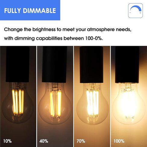 لمبة إضاءة إديسون LED A19 قابلة للتعتيم نشطة، 12 وات تعادل 100 وات، سطوع عالٍ 1600 لومين، 3000 كلفن أبيض دافئ، لمبة خيوط LED عتيقة واضحة للمنزل والحمام، قاعدة قياسية E26، عبوتان in Kuwait